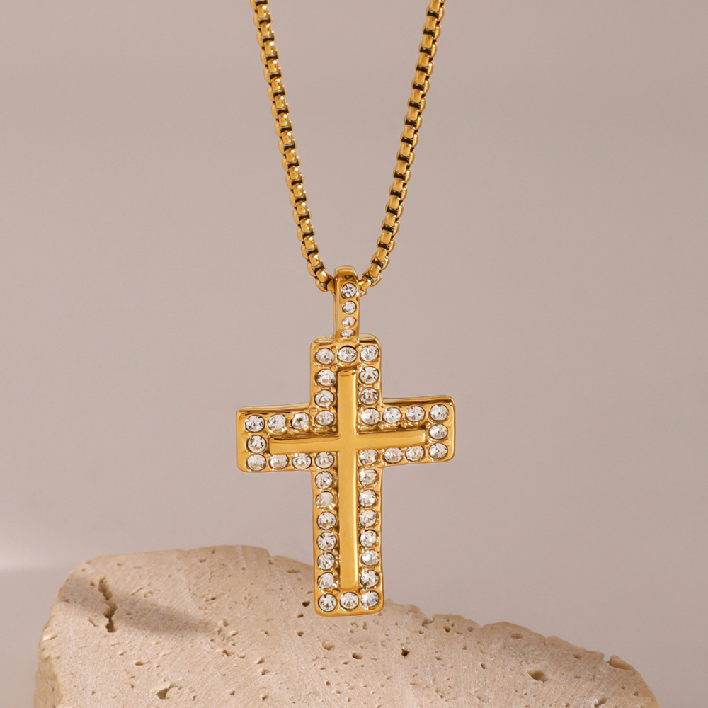 Collier Avec Pendentif Croix Classique En Acier Inoxydable Plaqué Or Et Zircon Pour Femme, Série Ethnique, 1 Pièce h5Image2