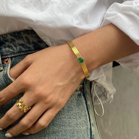 Bracelet pour femme, style rétro géométrique, en acier inoxydable, imperméable, couleur or, orné de pierres naturelles (1 pièce)