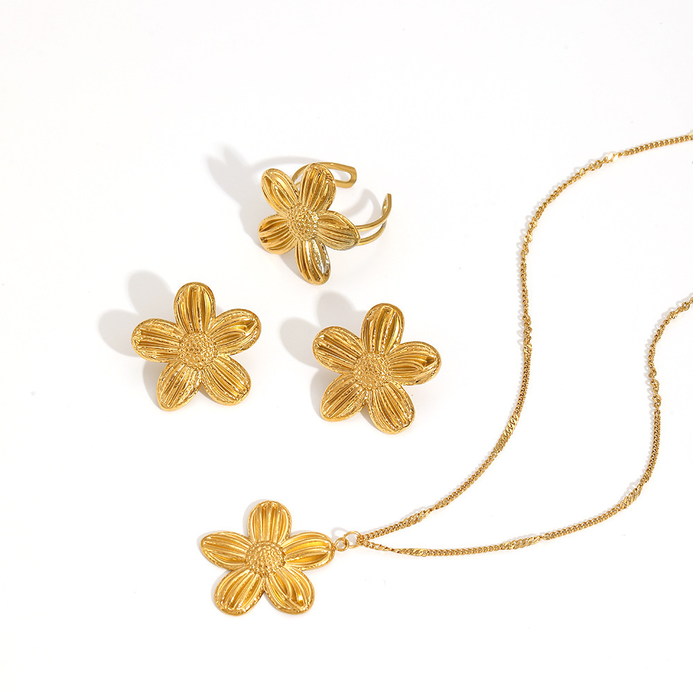 Ensemble De 1 Paire De Colliers Pour Femmes, Série Gorgeous, Chic, Motif Tournesol, En Acier Inoxydable Étanche Couleur Or. Image4