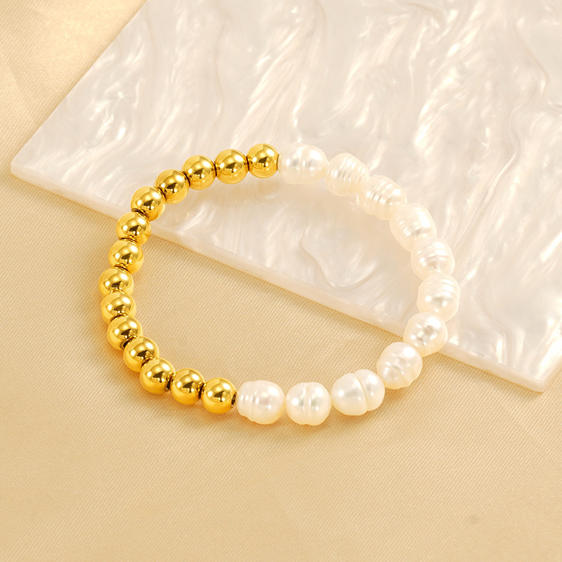 Bracelet Simple En Acier Titane Plaqué Or  Avec Perles Pour Femme, Série Simple Image5