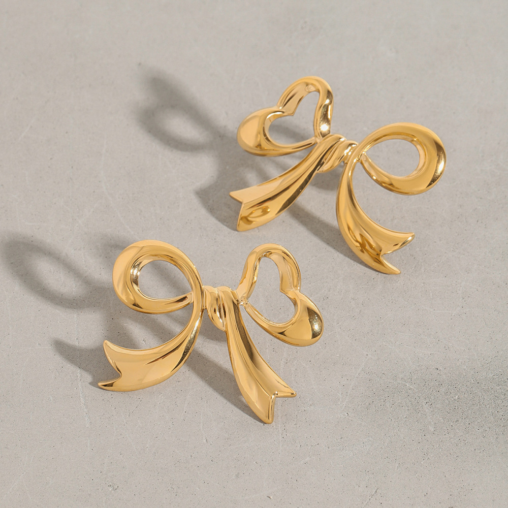Boucles D'Oreilles Puces Pour Femme, Collection Romantique, Forme Nœud Papillon Élégant, En Acier Inoxydable Étanche, Couleur Or (1 Paire). Image9