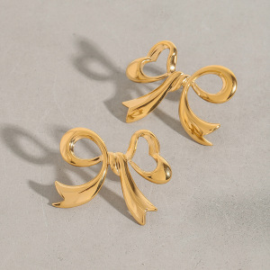 Boucles D'Oreilles Puces Pour Femme, Collection Romantique, Forme Nœud Papillon Élégant, En Acier Inoxydable Étanche, Couleur Or (1 Paire). h5 Image9