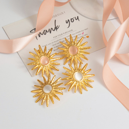 1 paire de boucles d'oreilles puces élégantes et luxueuses pour femme, en acier inoxydable doré imperméable avec pierre naturelle, collection soleil.