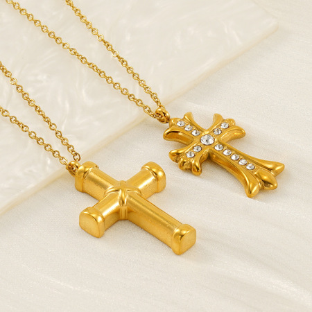 Collier avec pendentif croix simple en acier titane plaqué or et strass pour femme, série simple, 1 pièce 2