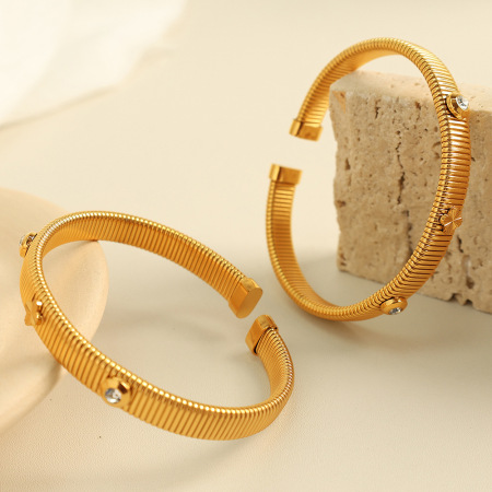 bracelet géométrique simple en acier inoxydable plaqué or  avec strass pour femme, 1 pièce 2