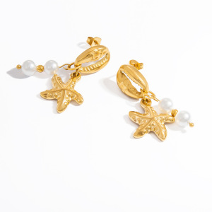 Boucles D'Oreilles Pendantes Pour Femme, Motif Coquillage, Collection Marine Series, En Acier Inoxydable Étanche Couleur Or (1 Paire). h5 Image10