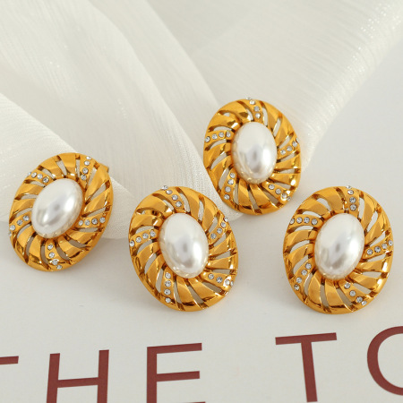 1 paire de boucles d'oreilles à tige géométriques rétro en acier inoxydable plaqué or  avec strass pour femme, série classique 2