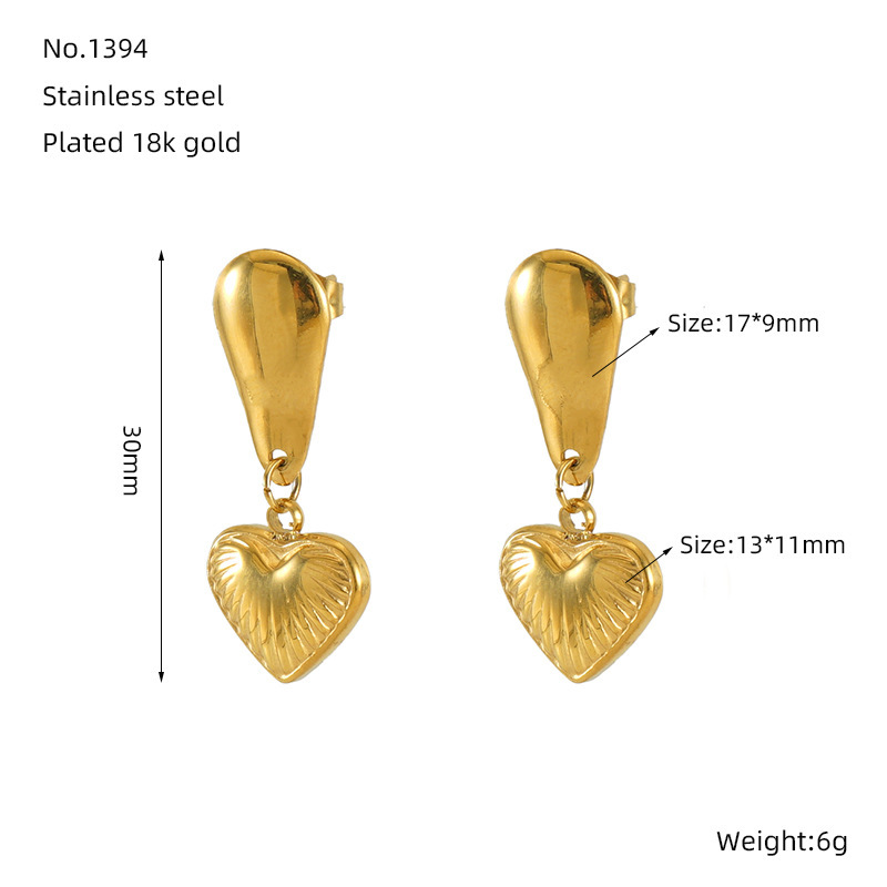 1 Paire De Boucles D'Oreilles Pendantes En Acier Inoxydable Doré , Légères Et Luxueuses, Style Rétro, En Forme De Cœur, Texturées, Pour Femmes Image6