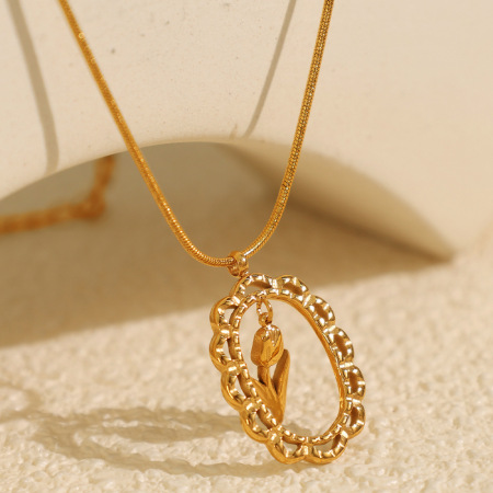 Collier pendentif élégant pour femme, en forme de tulipe, en acier inoxydable étanche, couleur or, à porter au quotidien (1 pièce) 2