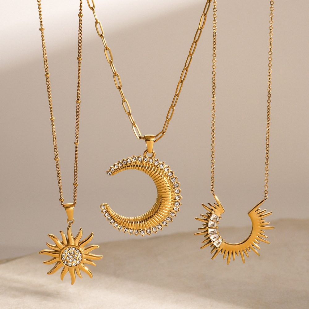 Collier Avec Pendentif En Acier Inoxydable Plaqué Or Et Strass Pour Femme, Série Simple, Style Punk Soleil/Lune h5Image3