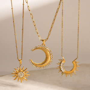 Collier Avec Pendentif En Acier Inoxydable Plaqué Or Et Strass Pour Femme, Série Simple, Style Punk Soleil/Lune h5 Image3