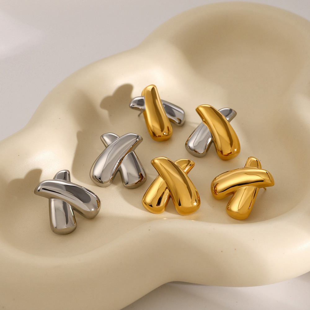 Boucles D'Oreilles En Forme De X En Acier Inoxydable Or  De Style Ins, Bijoux Symétriques, Plaqués Sous Vide, Anti-Décoloration Et Anti-Allergiques Image2