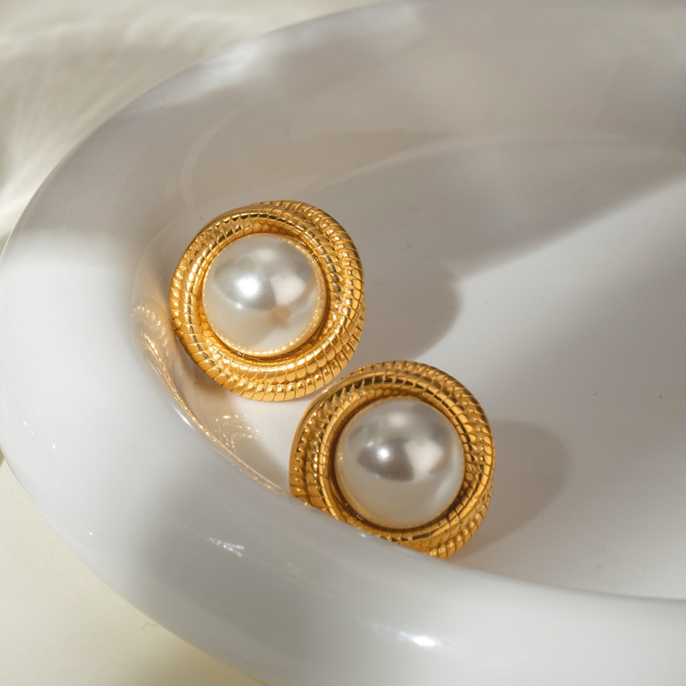 1 Paire De Boucles D'Oreilles À Tige Géométriques Rétro En Acier Inoxydable Plaqué Or Avec Perles Artificielles Pour Femmes Image3