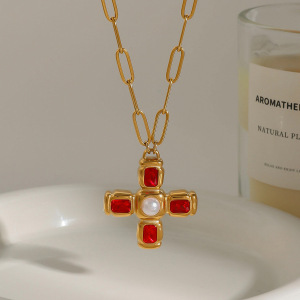 Collier Pendentif Femme En Acier Inoxydable Doré, Forme Croix, Étanche, 1 Pièce, Collection Luxueuse h5 Image3
