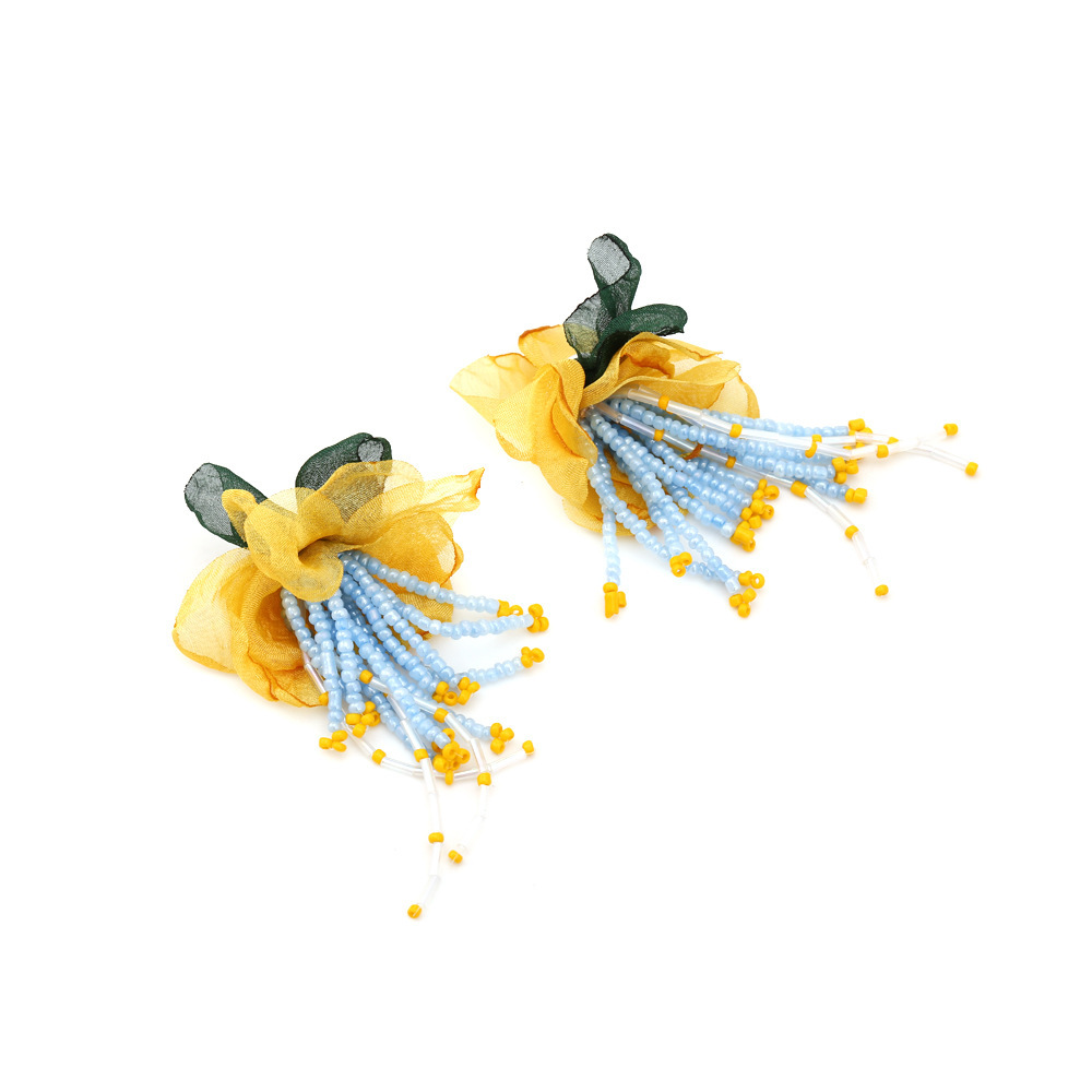 1 Paire De Boucles D'Oreilles À Pompons En Tissu Et Perles En Forme De Fleur Image6