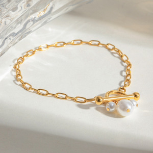 Bracelet À Breloques Géométrique En Acier Inoxydable Plaqué Or  Avec Perles Artificielles Pour Femme, Série Simple, 1 Pièce h5 Image3