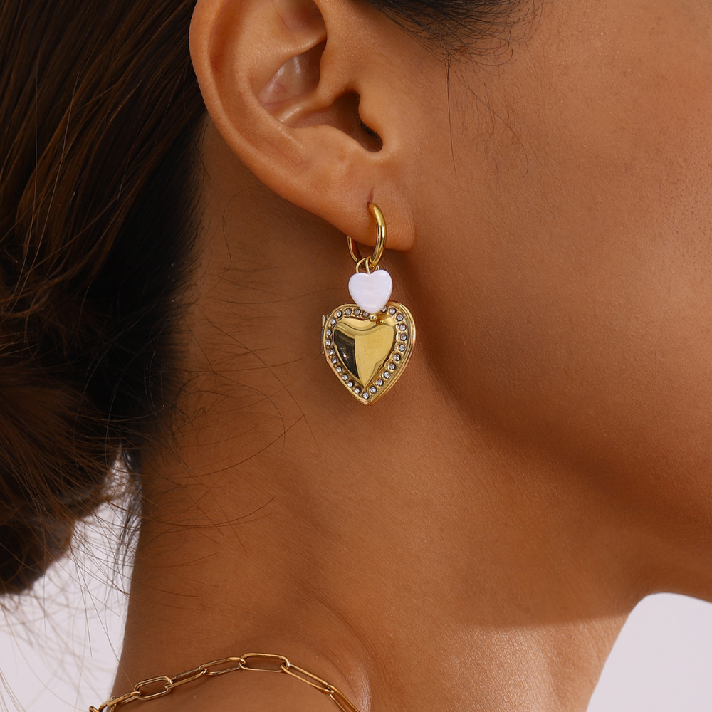 Boucles D'Oreilles Romantiques Élégantes En Forme De Cœur, En Acier Inoxydable Étanche, Avec Pierres Naturelles Et Couleur Or, À Monter Soi-Même (1 Paire). Image3