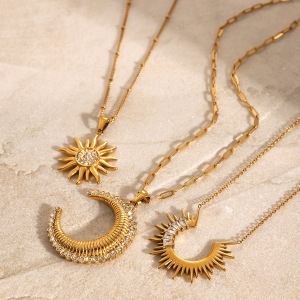Collier Avec Pendentif En Acier Inoxydable Plaqué Or Et Strass Pour Femme, Série Simple, Style Punk Soleil/Lune h5 Image4