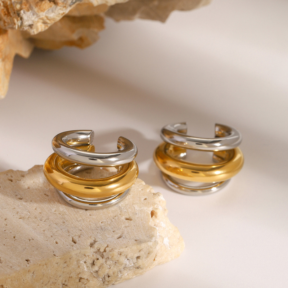 1 Paire De Manchettes D'Oreilles Femme En Acier Inoxydable Plaqué Or, Style Patchwork Décontracté Et Simple Image5