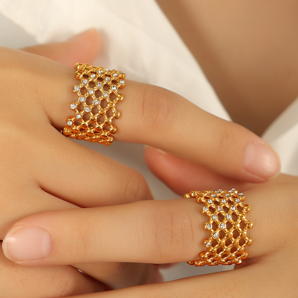 1 Paire De Bagues Simples Géométriques Rétro En Acier Inoxydable Plaqué Or  Avec Strass Pour Femme Image5