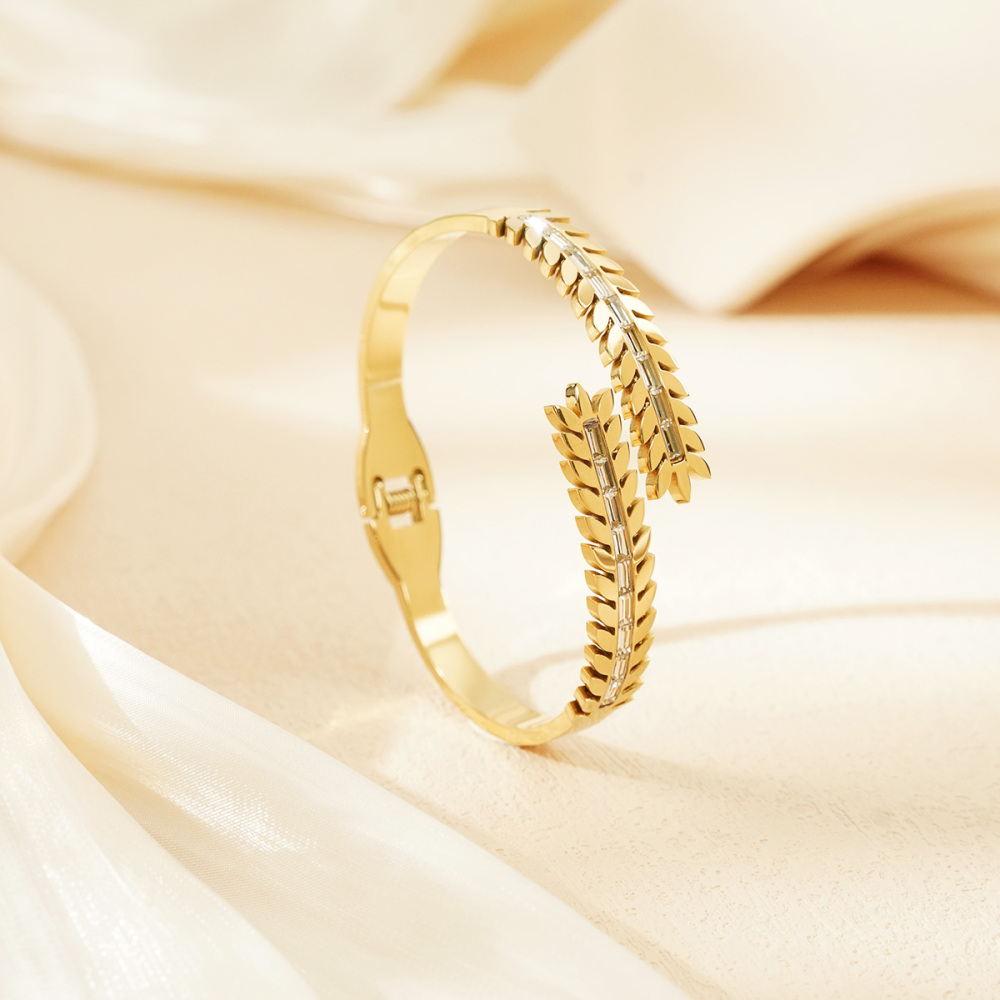 Bracelet Jonc Sophistiqué Pour Femme, En Acier Inoxydable Imperméable, Couleur Or, Motif Branche D'Olivier (1 Pièce) Image4