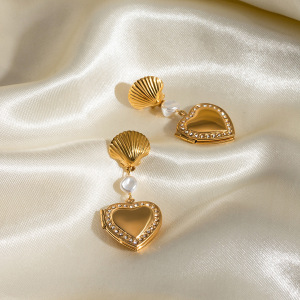 Boucles D'Oreilles Pendantes Pour Femme, Style Rétro Coquillage, En Acier Inoxydable Doré, Imperméables, À Personnaliser (1 Paire). h5 Image4