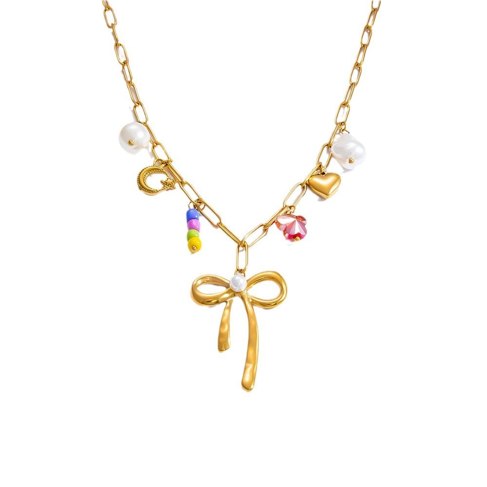 Collier Avec Pendentif En Acier Inoxydable Plaqué Or  Et Perles Artificielles Pour Femme, Série Romantique, Nœud Papillon Image5
