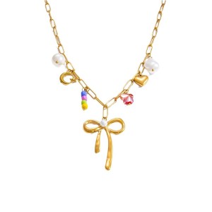 Collier Avec Pendentif En Acier Inoxydable Plaqué Or  Et Perles Artificielles Pour Femme, Série Romantique, Nœud Papillon h5 Image5