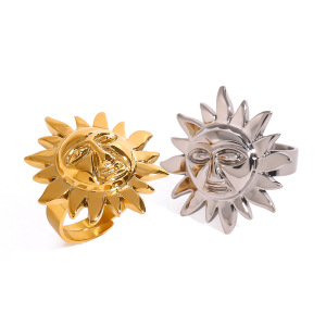 1 Paire De Bagues Ajustables Rétro Soleil/Lune En Acier Inoxydable Plaqué Or Pour Femme h5 Image4