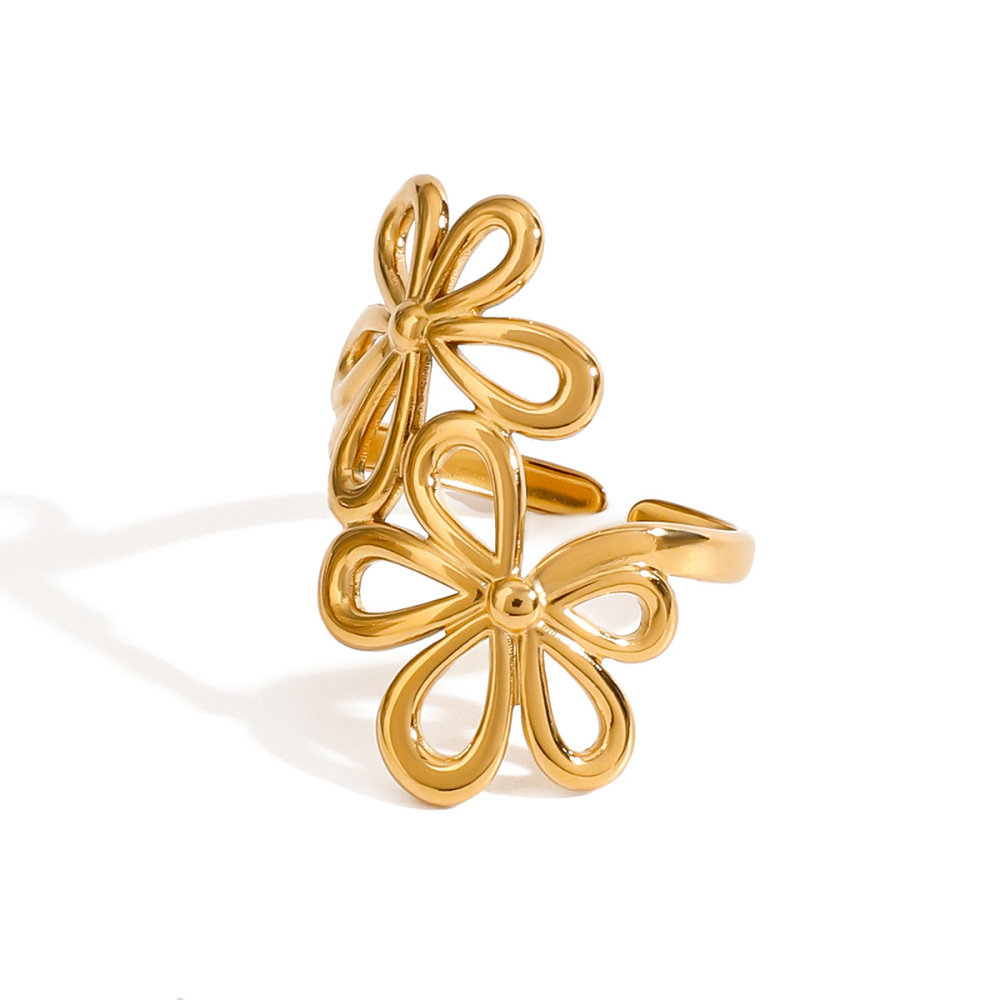 Bague Ajustable Pour Femme, Collection Romantique, Élégante, Double Fleur, En Acier Inoxydable Étanche Couleur Or. Image8