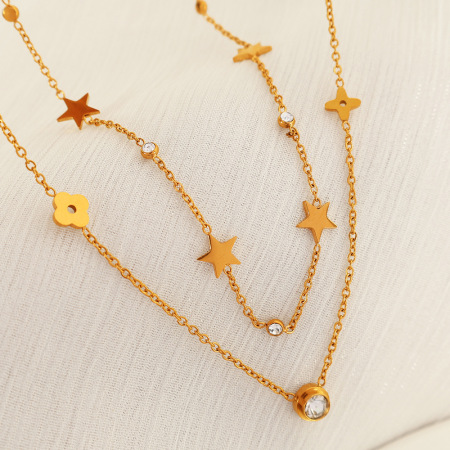 collier avec pendentif en acier inoxydable plaqué or  et strass pour femme, série simple, motif soleil/lune 2