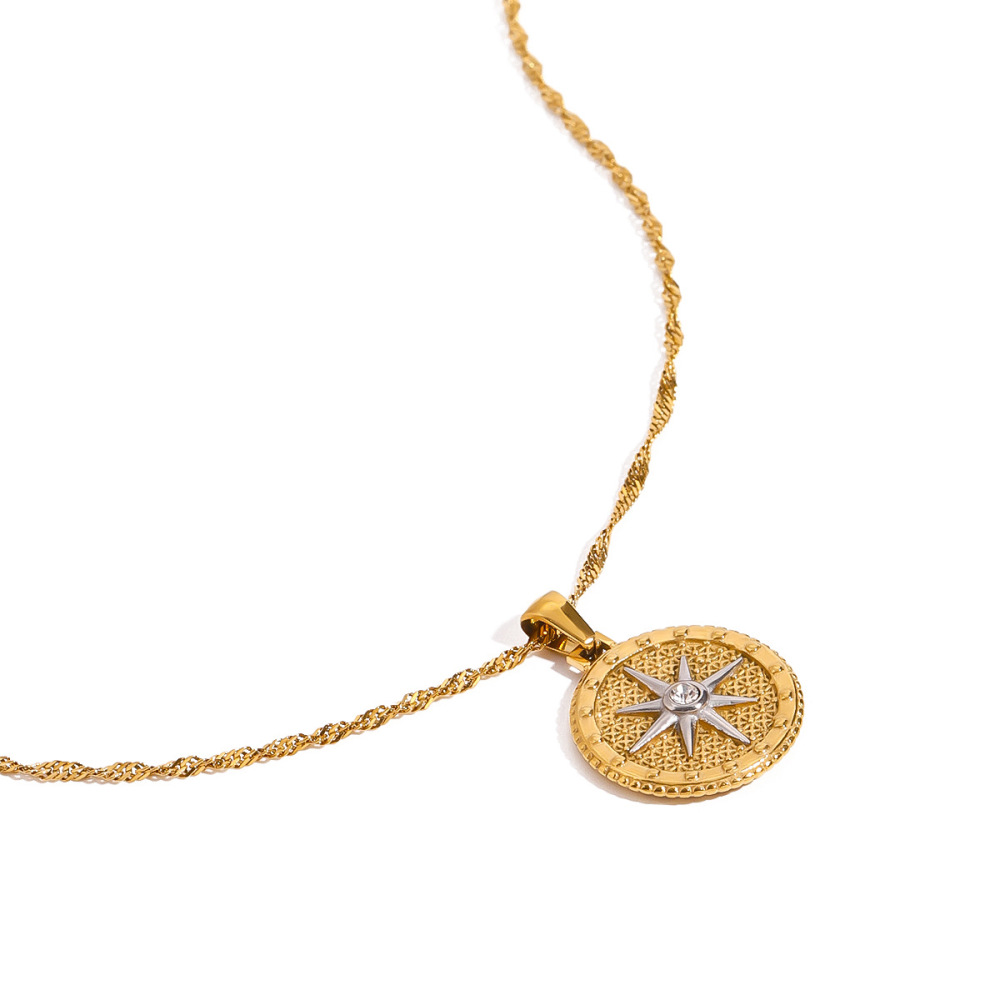 Collier Pendentif Femme Chic En Acier Inoxydable Étanche, Or Et Argent, Orné D'Une Étoile À Huit Branches (1 Pièce), Collection Luxe h5Image9