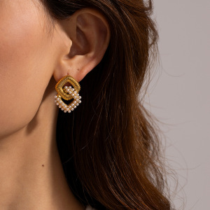 1 Paire De Boucles D'Oreilles Puces Élégantes Géométriques En Acier Inoxydable Plaqué Or Avec Perles Artificielles, Collection Classique. h5 Image4
