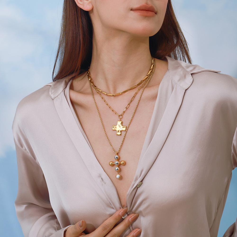 Collier Pendentif Croix Moderne Et Chic De La Série Classique, En Acier Inoxydable Étanche, Couleur Or Et Argent, Pour Femme (1 Pièce) Image7