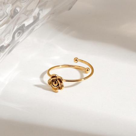 Bague ajustable pour femme, collection romantique, motif floral délicat, en acier inoxydable étanche couleur or.