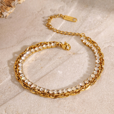 bracelet chaîne simple géométrique en acier inoxydable plaqué or  avec strass pour femme, série luxueuse, 1 pièce