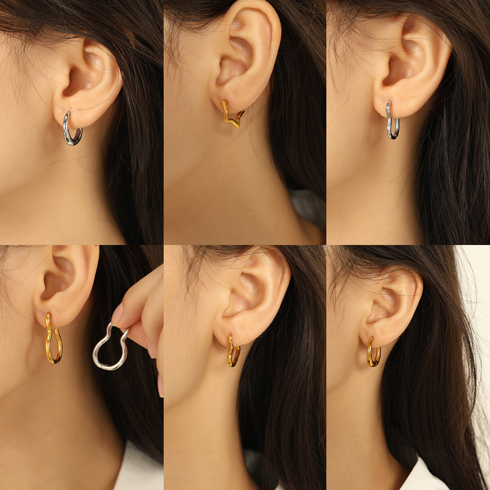 1 Paire De Boucles D'Oreilles Créoles Géométriques Quotidiennes En Acier Titane Plaqué Or  Pour Femme Image5