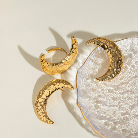 Bague ajustable pour femme, collection Classique Lune, en acier inoxydable martelé, couleur or, étanche, 1 pièce. 2