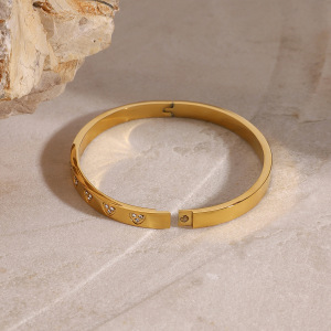 Bracelet Simple En Acier Inoxydable Plaqué Or  Avec Strass Pour Femme, Série , Forme Amour/Cœur h5 Image2