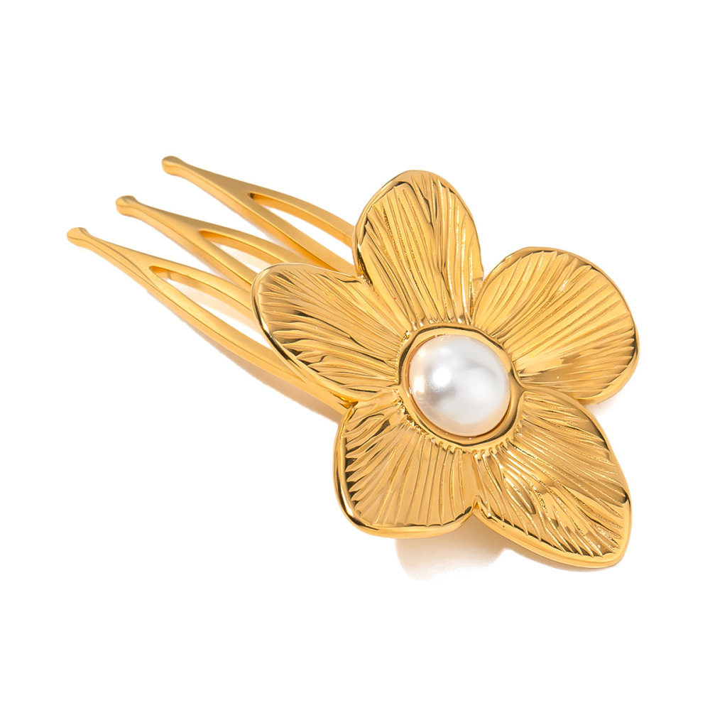 1 Paire De Pinces À Cheveux Pour Femmes, Série Simple, Style Ins, En Acier Inoxydable Plaqué Or , Avec Perles Artificielles h5Image5