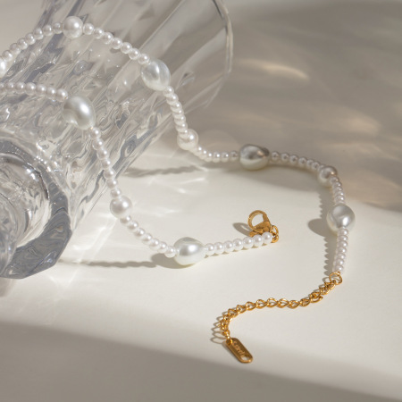 collier de perles rétro en acier inoxydable plaqué or , série classique, perles artificielles pour femmes