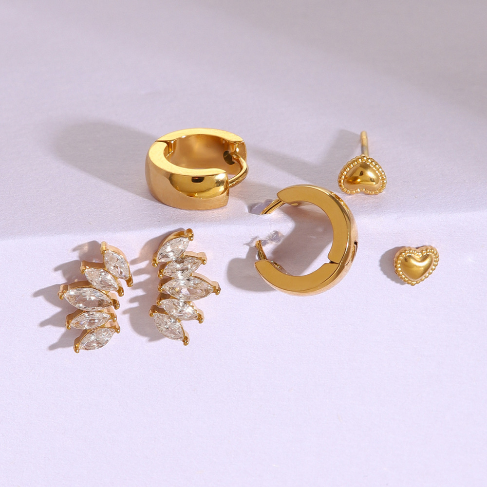 Ensemble De Boucles D'Oreilles Pour Femme Sweet Heart En Acier Inoxydable Plaqué Or Étanche Avec Zircon Image4