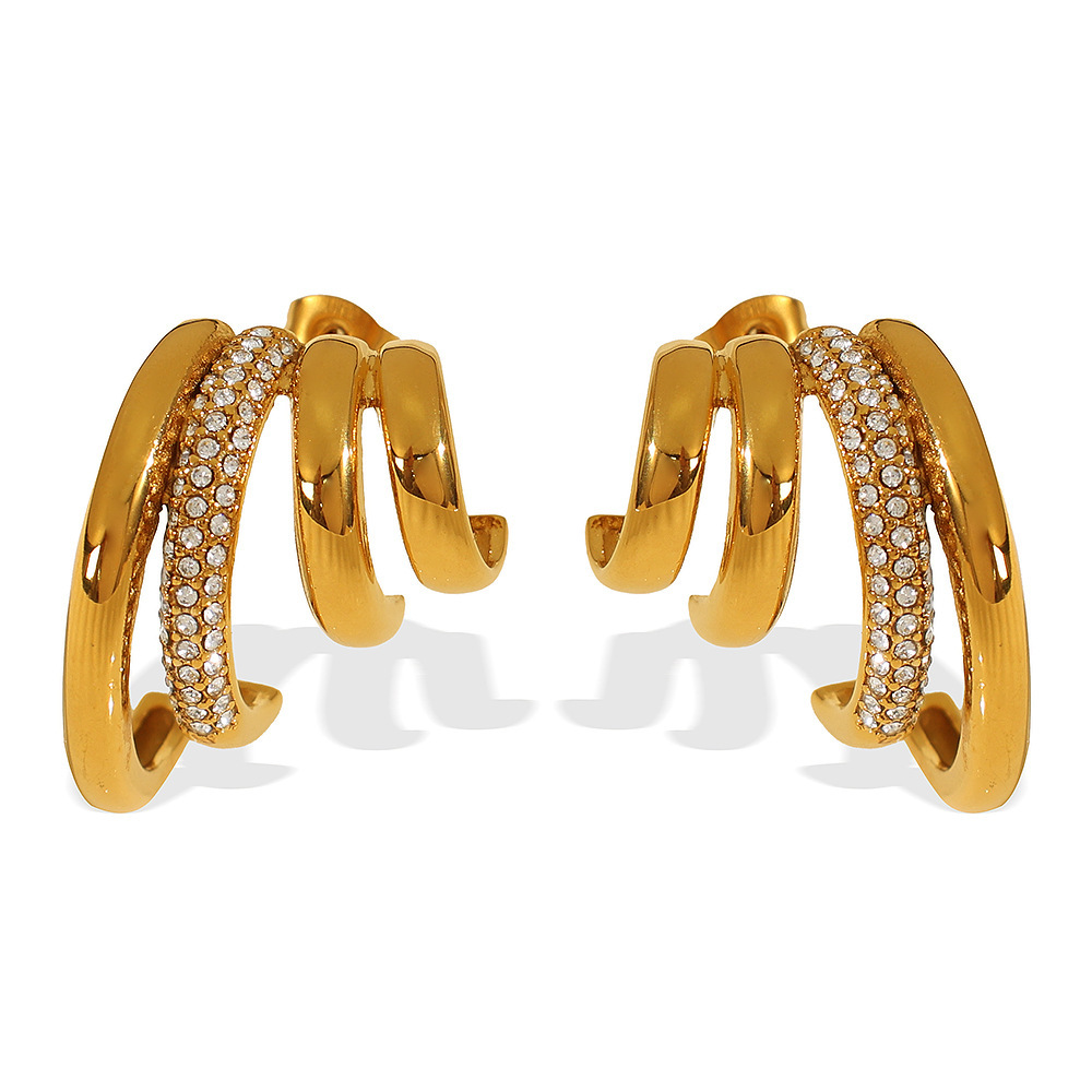 1 Paire De Boucles D'Oreilles À Tige Géométriques Rétro En Acier Inoxydable Plaqué Or  Avec Strass Pour Femme Image7