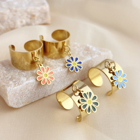 Bague ajustable pour femme, collection romantique, motif marguerite naturelle colorée, en acier inoxydable étanche couleur or.