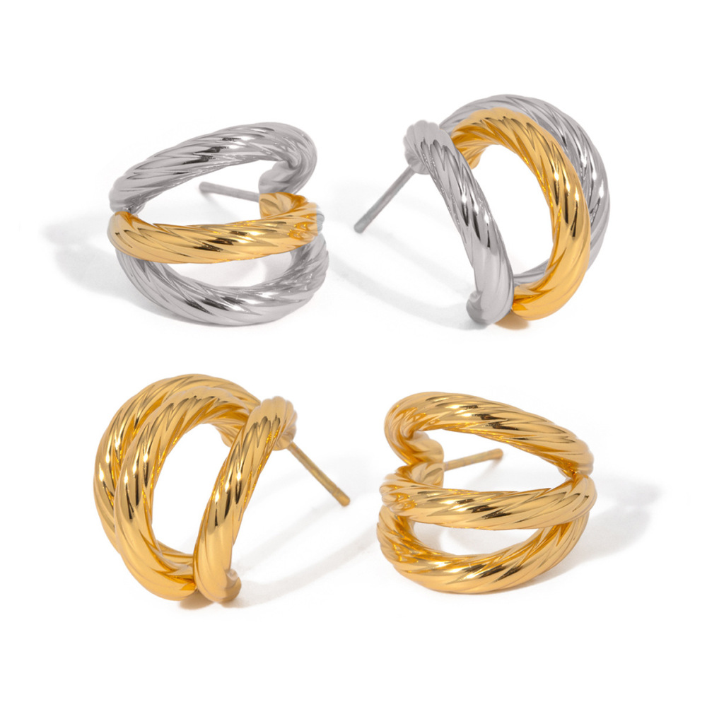 Boucles D'Oreilles En Acier Inoxydable Or , Légères, Luxueuses, Simples, Haut De Gamme, Niche, Trois Couches Filetées, En Acier Titane, Boucles D'Oreilles En Forme De C Image8