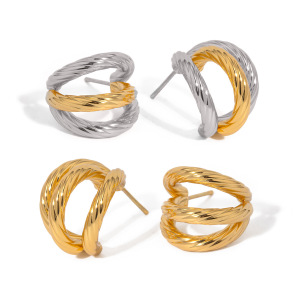 Boucles D'Oreilles En Acier Inoxydable Or , Légères, Luxueuses, Simples, Haut De Gamme, Niche, Trois Couches Filetées, En Acier Titane, Boucles D'Oreilles En Forme De C h5 Image8
