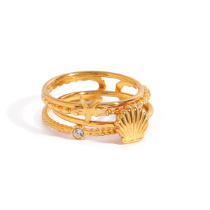 Ensemble De Bagues Pour Femmes, Collection Romantique, En Acier Inoxydable, Couleur Or, Orné D'Un Coquillage Exquis. h5 Image6
