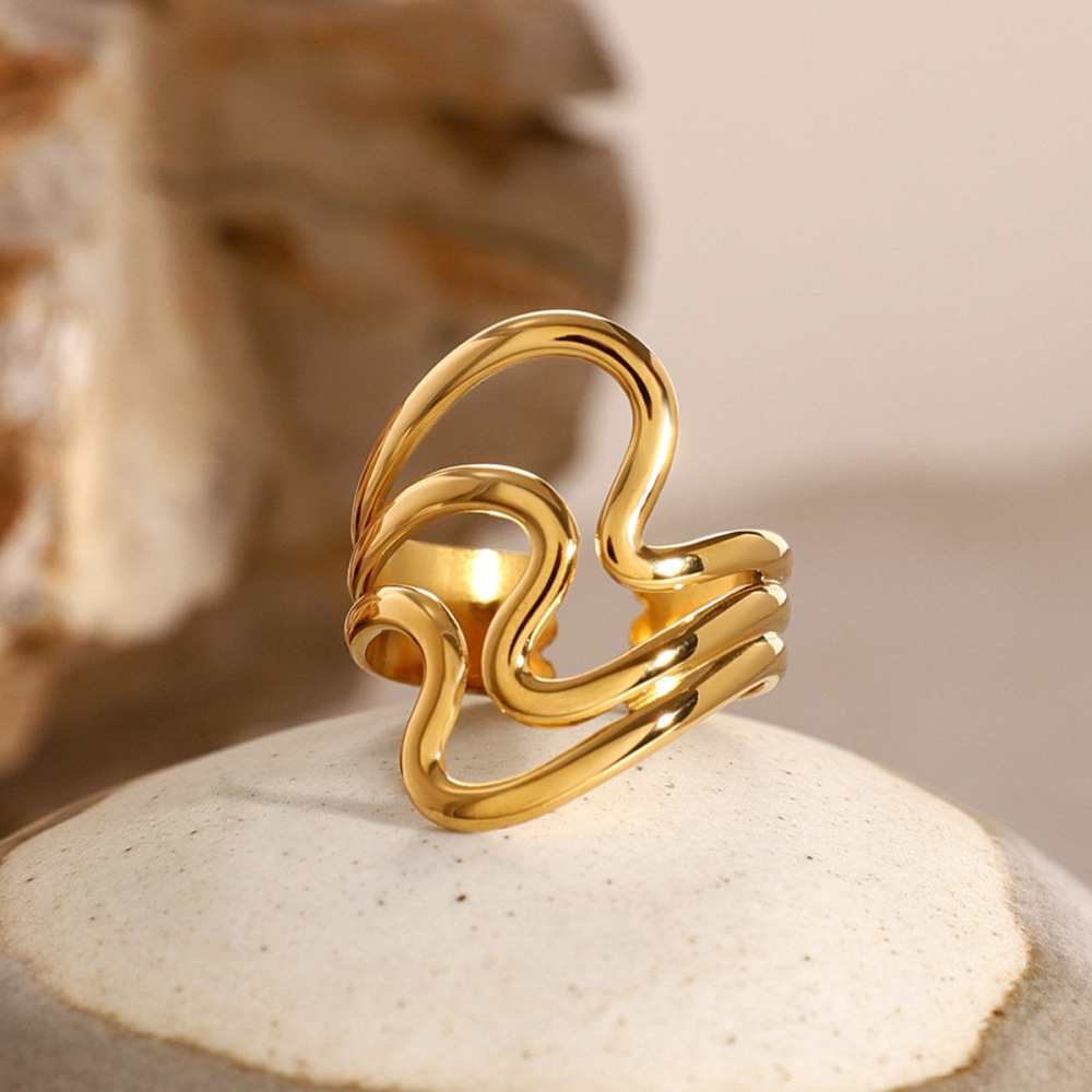 Bague Simple Pour Femme, En Acier Inoxydable Plaqué Or, Géométrique, Étanche (1 Pièce). Image5