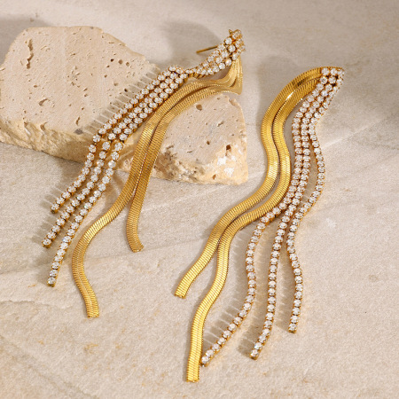 1 paire de boucles d'oreilles élégantes de la série classique, en acier inoxydable plaqué or et strass, pour femme, idéales pour les soirées. 2
