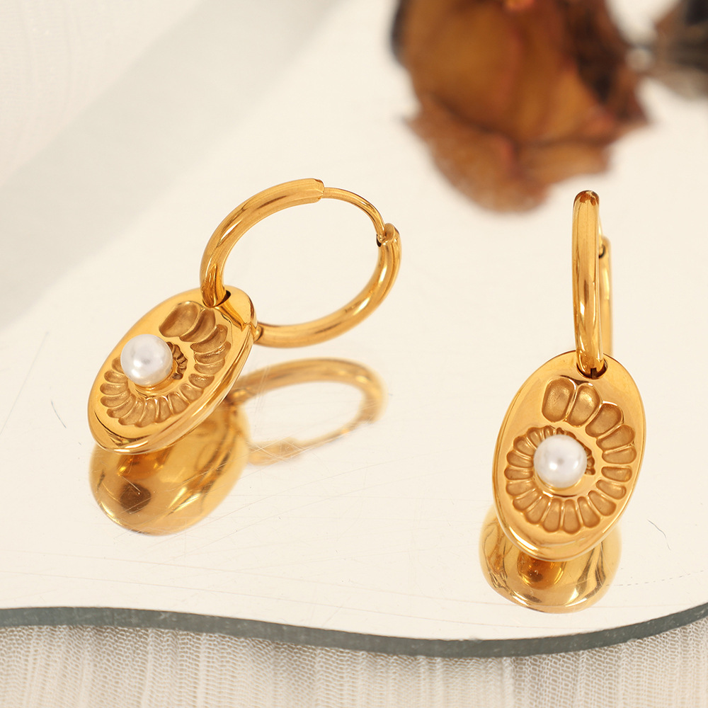 1 Paire De Boucles D'Oreilles Pendantes Pour Femme, Série Simple, En Acier Inoxydable Plaqué Or , Avec Perles Artificielles Image4